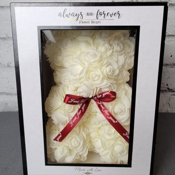 Always & Forever White Rose Flower Bear Gift Box 10” Romantic Decor - Picture 6 of 7